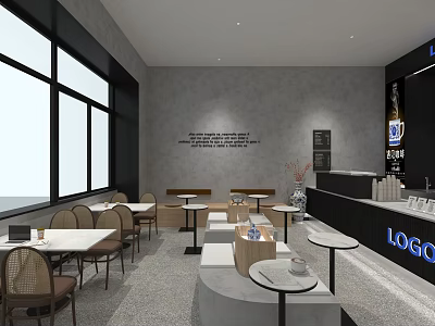 Modern Café Interior With Large Windows Gray Walls Wall Text Round Tables And Bar Counter 3d model