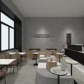 Modern Café Interior With Large Windows Gray Walls Wall Text Round Tables And Bar Counter