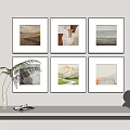 Six Framed Artworks Arranged On Wall With White Shelf Vase Plant And Decorative Figurine 3d model