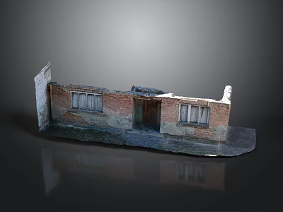 Abandoned Building Fragment With Weathered Brick Wall Wooden Door And Windows 3d model