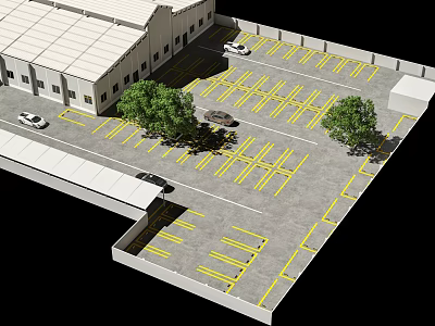 Spacious Parking Lot With Yellow Lines Adjacent Building Green Trees And Parked Cars 3d model