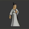 Cartoon Style Samurai Character In White Robe Holding Sword With Black Topknot And Serious Expression