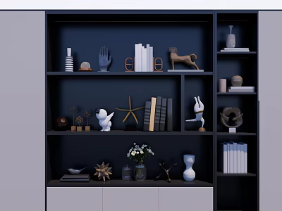 Interior Decorative Ornament Set On Dark Bookshelf With Sculptures Vases Books And Starfish 3d model
