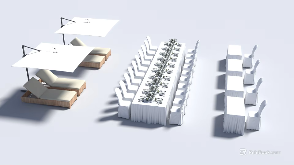 Roadside Rest Area Facilities With Long Tables White Chairs And Sunshades 3d model 