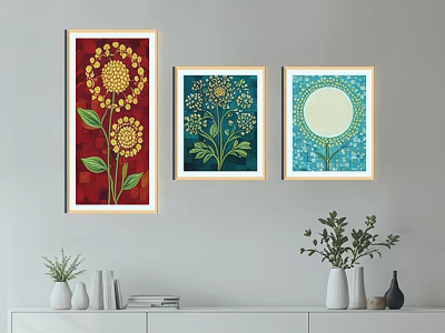 Vibrant Flower Landscape Paintings On Wall With Red Turquoise Backgrounds Yellow Flowers And Green Leaves 3d model