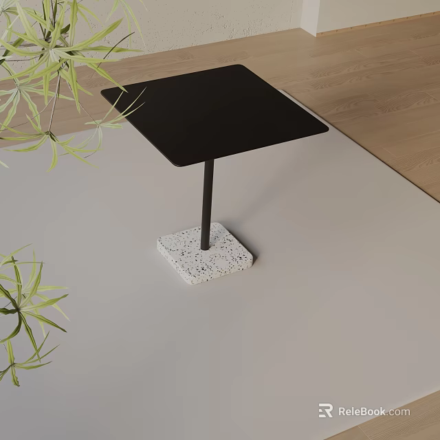 Minimalist Square Side Table With Black Tabletop And White Speckled Base Near Green Plants 3d model 