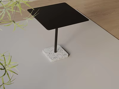 Minimalist Square Side Table With Black Tabletop And White Speckled Base Near Green Plants 3d model