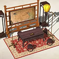Chinese Style Tea Table with Screen Lantern and Wooden Stools on Patterned Rug 3d model