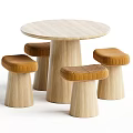 Modern Round Light Wood Dining Table Set With Four Brown Ribbed Stools 3d model