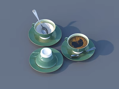 Elegant Green Ceramic Tea Set with Cups Saucers Spoons and Coffee 3d model