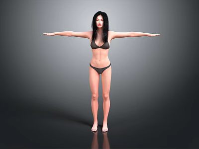 Woman In Black Bikini Standing With Arms Outstretched On Grey Background 3d model