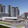 Modern Commercial Complex With High Rise Buildings Green Roofs Central Plaza And Pedestrian Areas