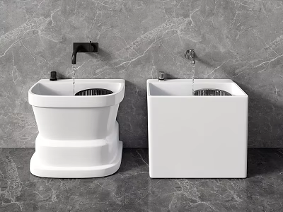 Two White Washbasins With Different Designs Against Gray Marble Wall And Floor 3d model