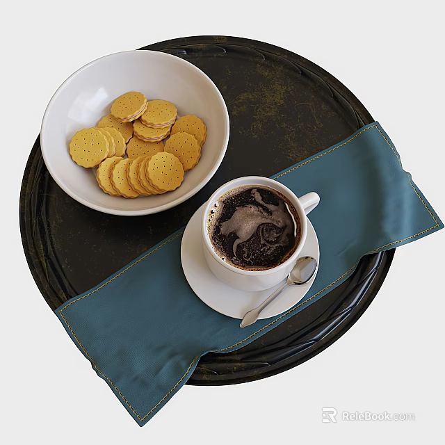 Stylish Tableware Set with White Bowl Cookies Coffee Cup and Blue Placemat on Black Tray 3d model 