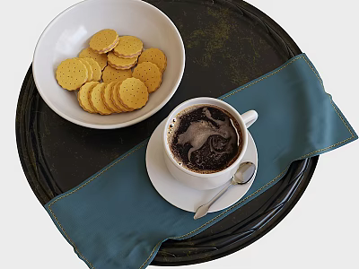 Stylish Tableware Set with White Bowl Cookies Coffee Cup and Blue Placemat on Black Tray 3d model