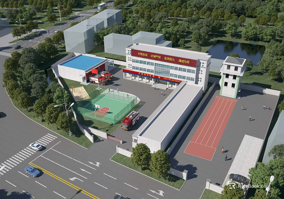 Fire Station Main Building With Red Fire Trucks Training Track Drill Ground And Surrounding Trees 3d model 