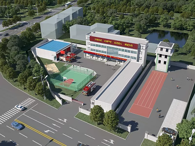 Fire Station Main Building With Red Fire Trucks Training Track Drill Ground And Surrounding Trees 3d model