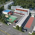 Fire Station Main Building With Red Fire Trucks Training Track Drill Ground And Surrounding Trees