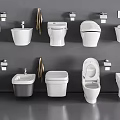 Various White Toilets With Different Designs Displayed On Gray Wall With Accessories