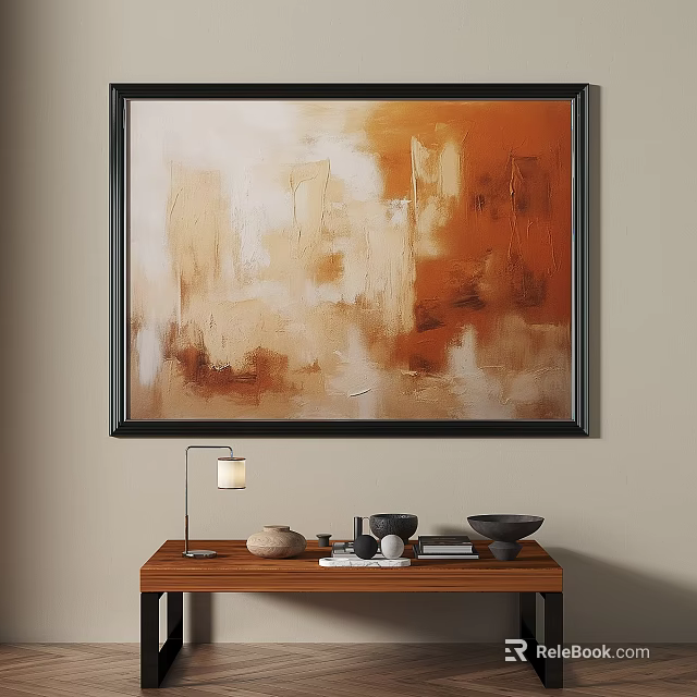 Abstract Painting With Warm Brown Orange Beige Tones In Black Frame For Interior Wall Art 3d model 