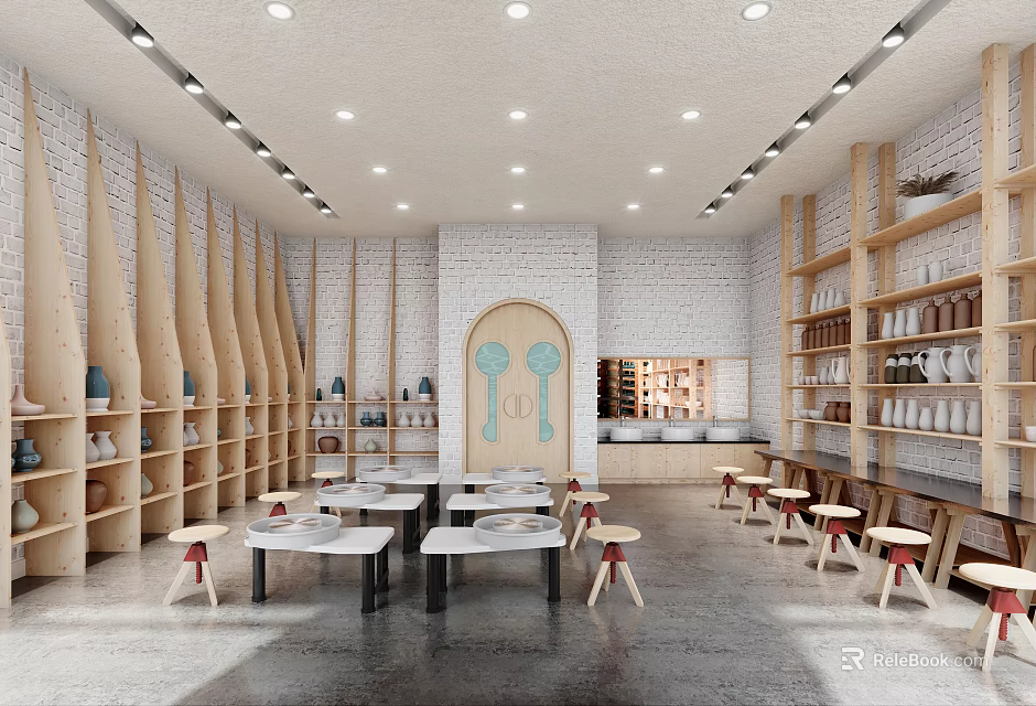 School Cafeteria Interior With Tables Stools And Shelves 3d model 