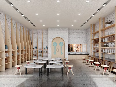 School Cafeteria Interior With Tables Stools And Shelves 3d model