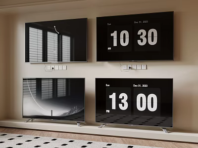 Four Televisions Wall Mounted and On Stands Showing Time Date and Scenic Screen 3d model