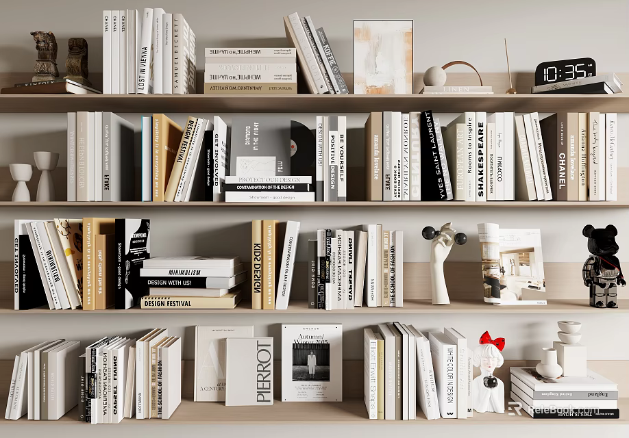 Stylish Bookshelf With Various Books Magazines And Decorative Items Collection 3d model 