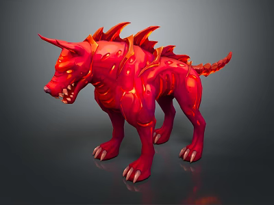 Red 3D Rendered Dog Shaped Monster With Horns Spikes Sharp Teeth Claws And Lava Texture 3d model