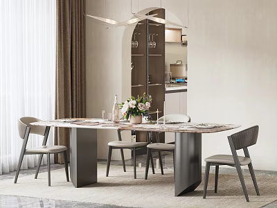 Modern Dining Table Set With Four Chairs Vase Flowers Curtains And Cabinet 3d model
