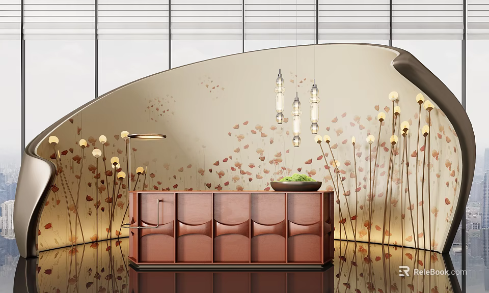 Modern Reception Desk Design With Curved Leaf Pattern Wall Pendant Lights And Green Plant 3d model 