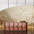 Modern Reception Desk Design With Curved Leaf Pattern Wall Pendant Lights And Green Plant