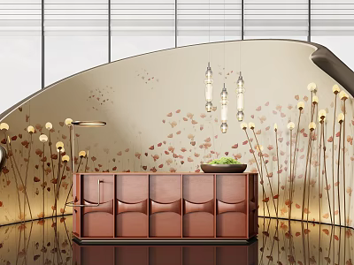 Modern Reception Desk Design With Curved Leaf Pattern Wall Pendant Lights And Green Plant 3d model