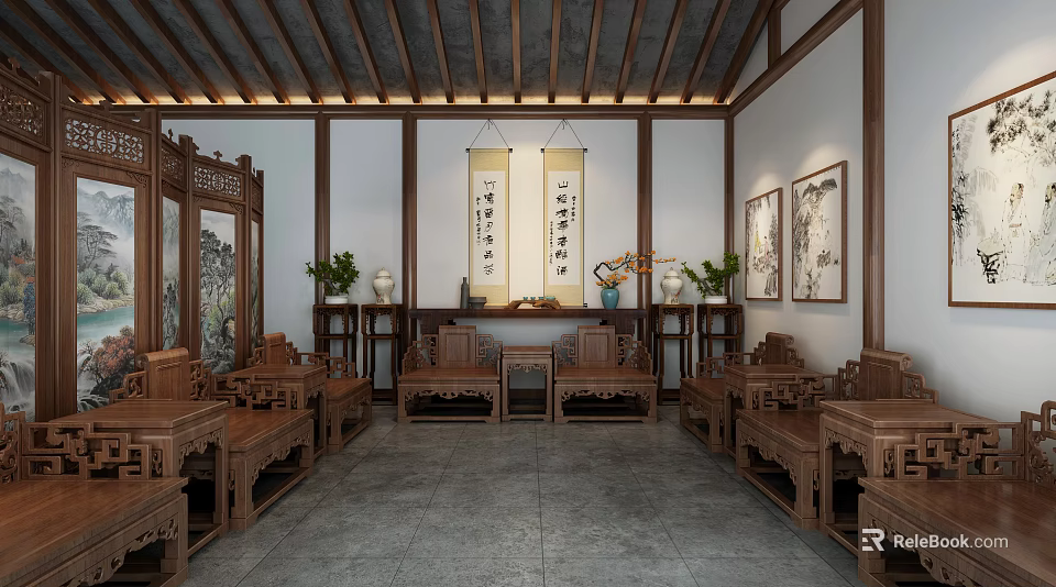Chinese Style Hotel Public Lounge With Wooden Furniture Screens Paintings And Green Plants 3d model 