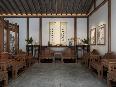 Chinese Style Hotel Public Lounge With Wooden Furniture Screens Paintings And Green Plants 3d model