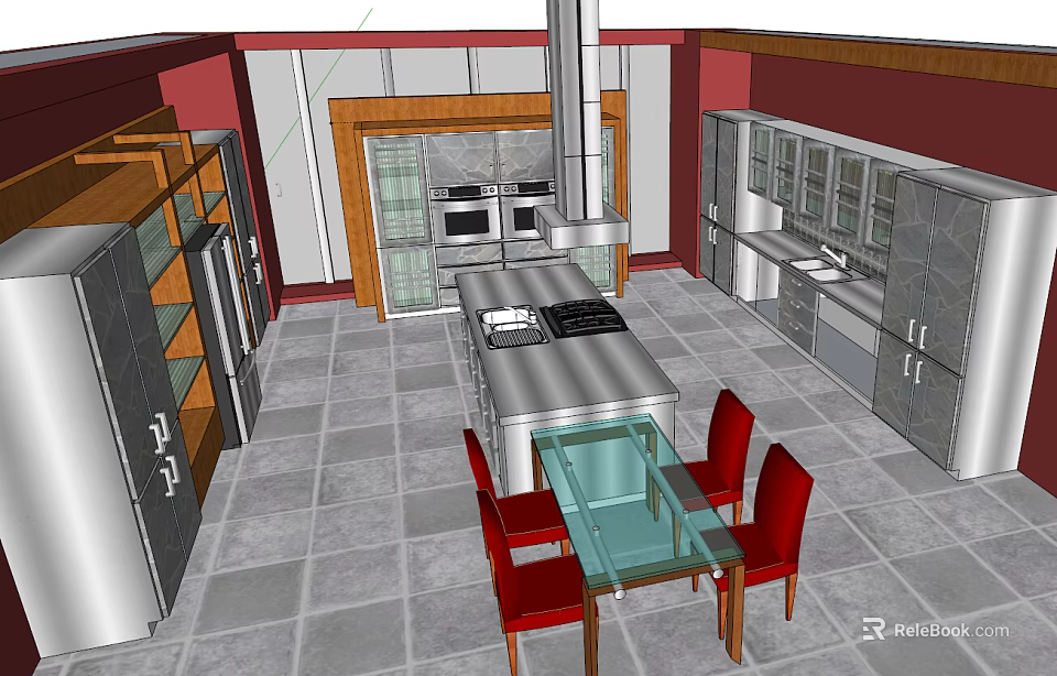 Modern Kitchen With Stainless Steel Island Cabinets Glass Dining Table And Red Chairs 3d model 