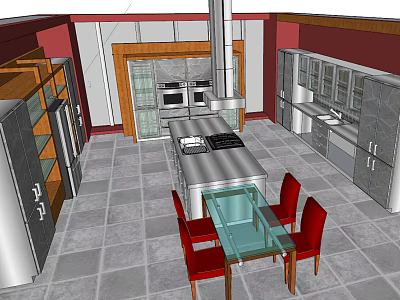 Modern Kitchen With Stainless Steel Island Cabinets Glass Dining Table And Red Chairs 3d model