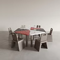 Modern Minimalist Square Dining Table With Red Black Top And Gray Wooden Chairs