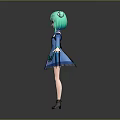 Anime Style Game Movie Character With Green Twin Buns Red Eyes And Blue Butterfly Dress