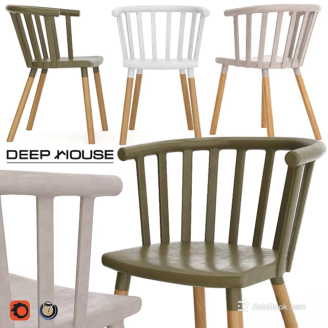 Modern Olive White Beige Stools with Wooden Legs and Slatted Backrest Design 3d model 