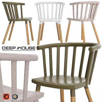 Modern Olive White Beige Stools with Wooden Legs and Slatted Backrest Design 3d model