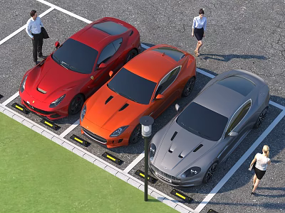 Red Orange And Gray Cars Parked In Parking Lot With People Standing Around 3d model
