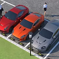 Red Orange And Gray Cars Parked In Parking Lot With People Standing Around