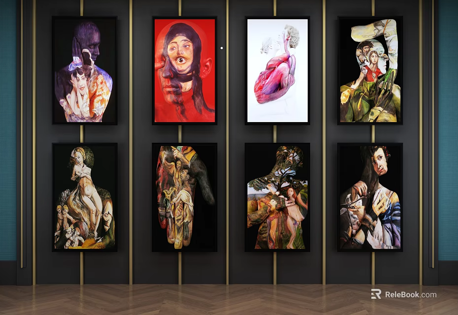Eight Colorful Portrait Paintings Hanging on Black Wall with Various Styles 3d model 
