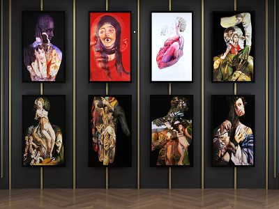 Eight Colorful Portrait Paintings Hanging on Black Wall with Various Styles 3d model