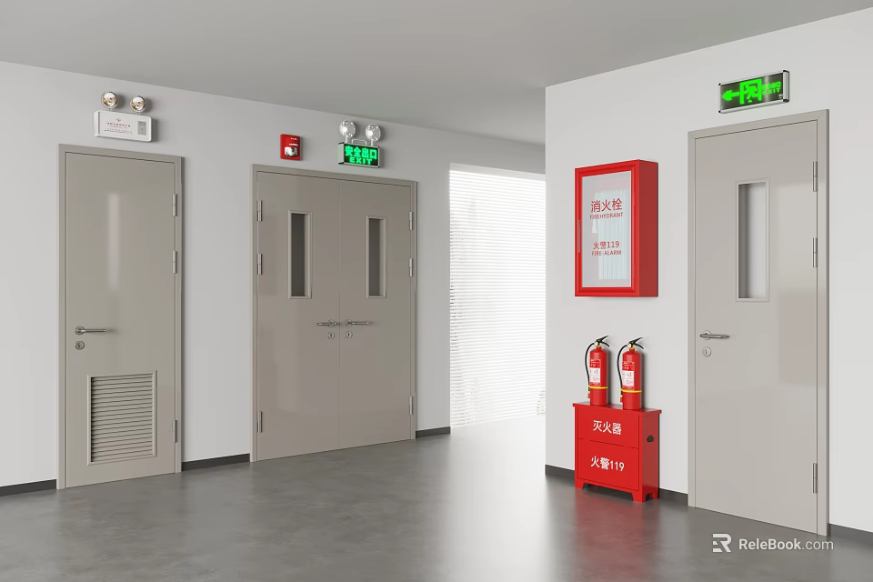 Fire Safety Facility Interior With Green Emergency Exit Sign Red Extinguishers And Hydrant Cabinet 3d model 