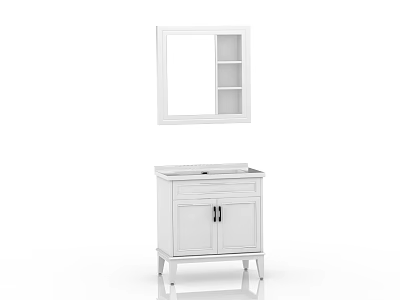 White Bathroom Vanity Cabinet With Mirror Double Doors And Open Shelves 3d model