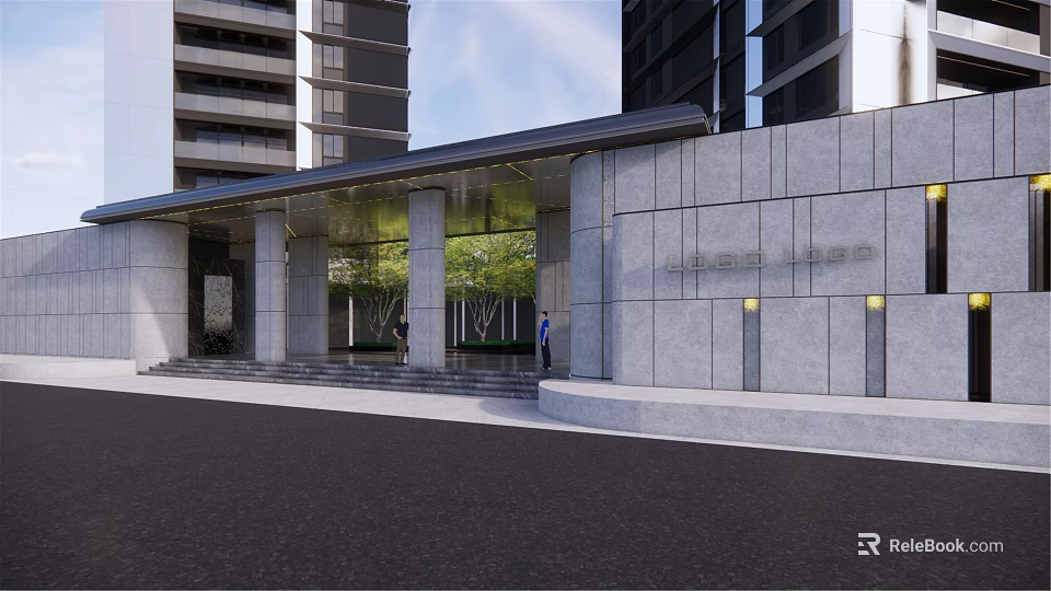 Modern Entrance Gate With Stone Columns Glass Canopy And High Rise Building Facade 3d model 