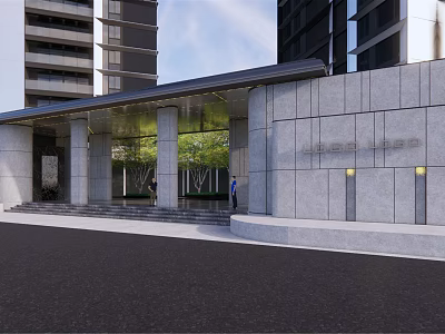 Modern Entrance Gate With Stone Columns Glass Canopy And High Rise Building Facade 3d model