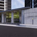 Modern Entrance Gate With Stone Columns Glass Canopy And High Rise Building Facade